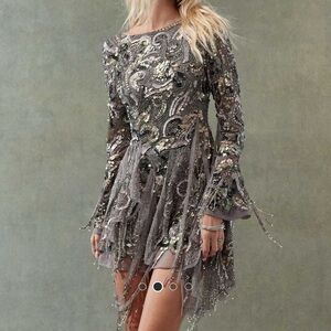 ASOS Embellished Long-Sleeve Mini Dress in fringe and silver